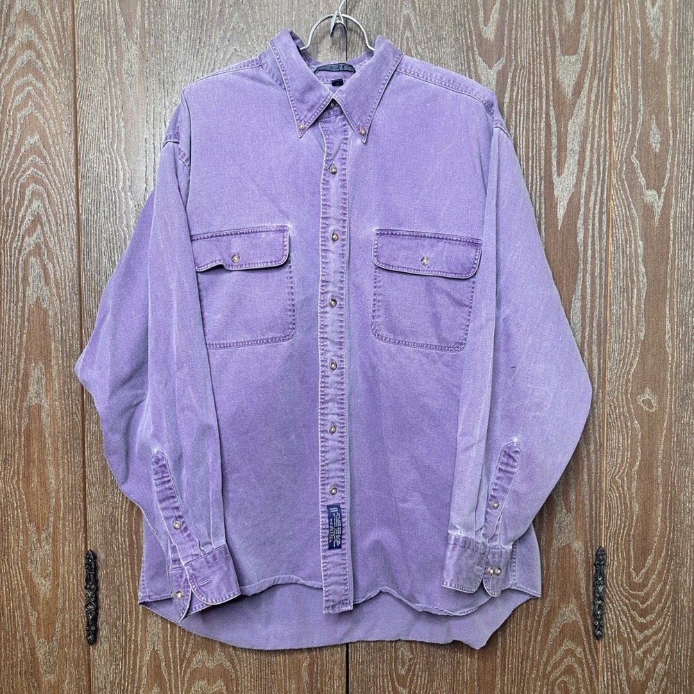 Vtg G H Bass Compass Denim Purple Cotton Button Down Long Sleeve Work Shirt XXL